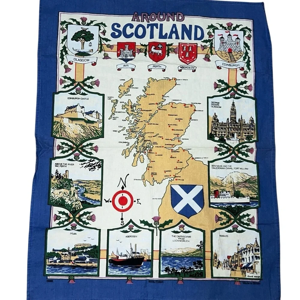 Scotland Tea Towel with Map and Landmarks 22”x18”